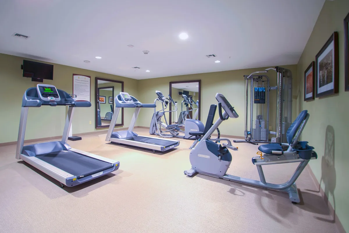 A bright, modern fitness center filled with a variety of exercise equipment, including treadmills, elliptical machines, stationary bikes, and strength training gear. The space is inviting and designed to support both individual and group workouts, fostering a motivating and social environment.